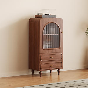 Buffet en bois vintage avec porte en verre, 2 tiroirs, meuble de rangement pour salon - Product Image 1