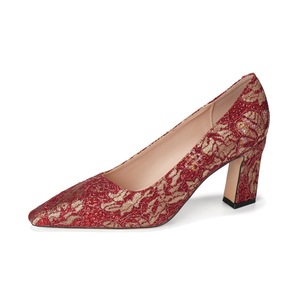 Escarpins de mariée rouges à bout pointu, talon carré, dentelle florale, chaussures de mariage à talon haut - Product Image 4
