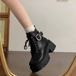 New Arrivals Women's Korean Leather Lace-up Ankle & <b>Bootie</b> Boots High Chunky Heel Buckle Fleece Lined Fashion Designer Winter - Product Image 5