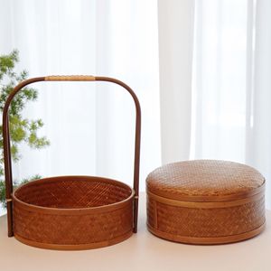 Handmade Double Layer <b>Bamboo</b> Basket Round Storage Box For Living Room Tea Set Food <b>Container</b> Gift Woven Basket - Product Image 3