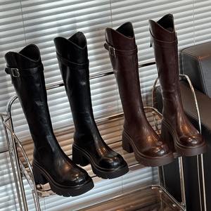 Nouvelles bottes pour femmes à talons épais et semelles compensées, style chevalier, sans bas de tige tombant, nouvelle collection automne, bottes longues en V - Product Image 2