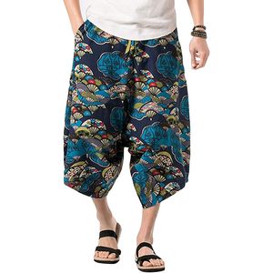 FOXA Mens Elastic Waist Pattern Printed Capri Pants Linen Cotton Breathable Wide Leg <b>Shorts</b> for Casual Wear - Product Image 1
