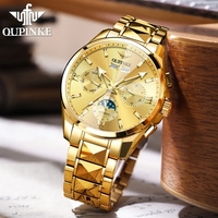 Montre-bracelet automatique mécanique de luxe pour homme en acier inoxydable, étanche 5 ATM, avec phases de lune, date et jour, idéale pour les affaires