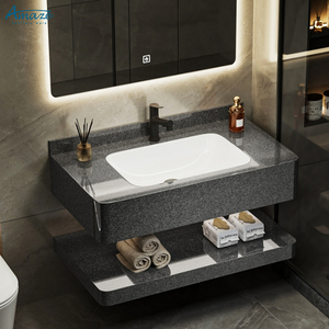 Meuble <span class=keywords><strong>de</strong></span> <span class=keywords><strong>salle</strong></span> <span class=keywords><strong>de</strong></span> <span class=keywords><strong>bain</strong></span> moderne à deux niveaux avec vasque en <span class=keywords><strong>céramique</strong></span>, miroir LED et lavabo mural en dalle <span class=keywords><strong>de</strong></span> roche - Product Image 5