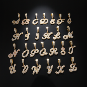 Cadena de Cobre con Incrustaciones de Circonio, Estilo Hip-Hop Americano, con Letras Inglesas Collar con Colgante de 2 Letras Iniciales en Cursiva - Product Image 1