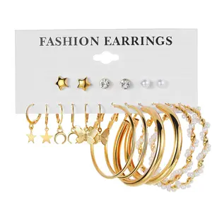 Wholesale 18K Gold Plated Luxury Pearl Star Earring Gemstone Wedding Huggie Hoop Earrings Set Jewelry