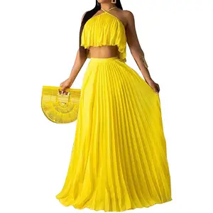 Hot Selling Ladies Halter Neck Sleeveless Chiffon Maxi Dress Pleated Crop Top And Flowy Skirts Sets Party Beach Sundress