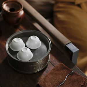 <b>Tin</b> Tea <b>Tray</b> Round Pot Stand For Kung Fu Tea Set With Water Storage Ancient <b>Tin</b> Color Porcelain Teacups Included - Product Image 2
