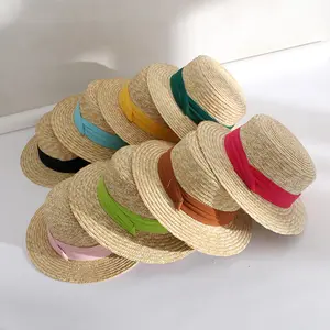 Sombrero de paja para mujer, gorro plano para playa y vacaciones, paja tejida de trigo, barato, venta al por mayor, Verano