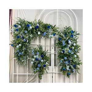Arranjo de flores em arco artificial, decoração em arco de flores verdes, cor azul, guirlanda floral, cenário para cerimônia de casamento, decoração de casamento