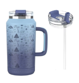 Botella de Agua Aislada de Acero Inoxidable de Gran Capacidad (64oz) con Pajita y Asa, Diseño Impreso, Jarra Deportiva Antideslizante para Gimnasio - Product Image 5
