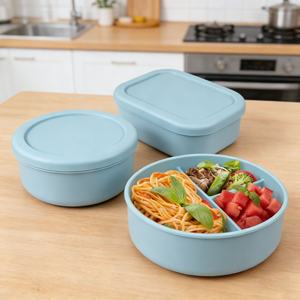 Boîte à lunch en silicone de qualité alimentaire sans BPA avec couvercle en plastique, compatible micro-ondes, anti-fuite, boîte bento à 2 compartiments pour enfants et adultes - Product Image 1