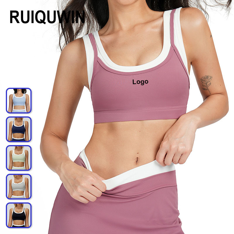 RUIQUWIN Wholesale Women's High Support Push-Up Sports Bra Ribbed Color Block 4-Way Stretch Yoga Bra Running Fitness Workout Top