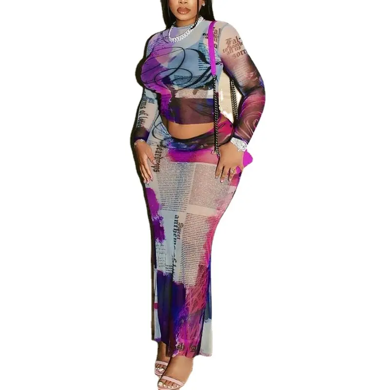 2024 Nieuwe 0e Trends Outfits Streetwear Mesh Top Tweedelige Set Doorzichtig Dames Sets Tweedelige Midi Rok Voor Vrouwen