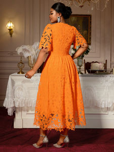 Am050656 thanh lịch O cổ phồng tay áo Rỗng ra Ren Một dòng cao Eo Cam maxi chính thức của phụ nữ ăn mặc giản dị - Product Image 3