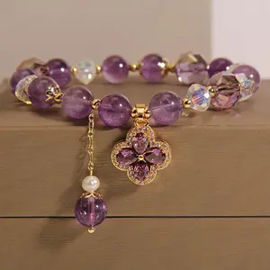 Bracelet délicat en cristal d'améthyste authentique avec breloques, Bracelet en cristal de guérison de pierres précieuses violettes naturelles pour femmes