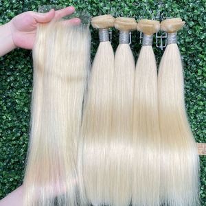 Paquetes de Cabello Humano Rubio 613 Baratos con Cierre de Encaje, Grado 10A, Cabello Indio Virgen con Cutícula Alineada, Tejido Remy, Doble Trama a Máquina, 100g - Product Image 4