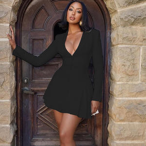 V领褶边连衣裙批发套装正式官服厂家纯色短裙厂家直销 - Product Image 3