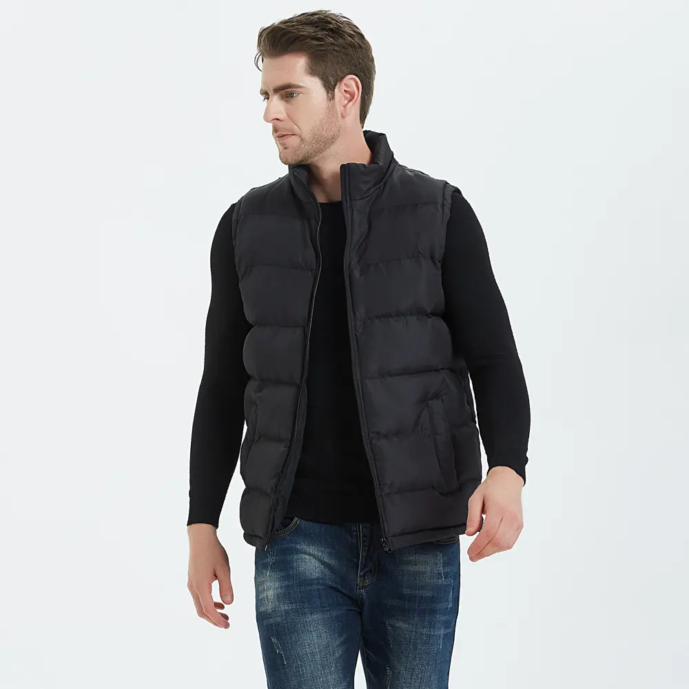 Custom Logo Stand Collar Zipper Pocket Winter Jacket Black Quilted Puffer Waistcoat Men's Vest