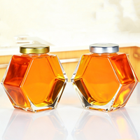 Botol Madu Kaca Heksagonal Mewah Kosong Grosir 380ml 500g dengan Tutup Emas, Wadah Makanan Heksagonal, Stoples Kemasan Selai, Rempah-rempah, dan Madu