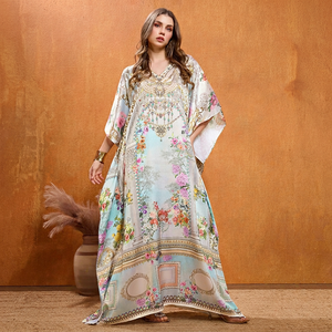High Quality Designer Turkish Style <b>Kaftan</b> Women Polyester Handmade Batwing Sleeves V Neck Regular Fit Flared Hem Midi Party - Product Image 1