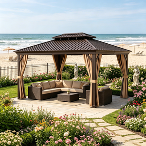 Pabellón <span class=keywords><strong>de</strong></span> Techo Rígido con Estructura Metálica <span class=keywords><strong>de</strong></span> Doble Capa Antióxido, Gazebo para Exteriores Resistente a la Intemperie con Cortinas <span class=keywords><strong>de</strong></span> Privacidad - Product Image 1