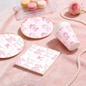 ชุดอุปกรณ์จัดงานเลี้ยงวันเกิดเด็ก DAMAI Wedding Princess Party  ลายโบว์สีชมพู  ประกอบด้วยจาน ชาม แก้วกระดาษ และผ้าเช็ดปากแบบใช้แล้วทิ้ง - Product Image 2