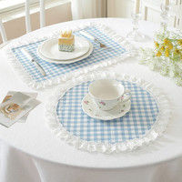 Vente en gros de sets de table ronds en coton imprimé à carreaux avec bords festonnés, sets de table décoratifs en tissu à carreaux pour restaurant occidental
