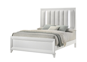 OE HOME <b>Queen</b> <b>Size</b> <b>Bed</b> 2xNightstand 3pc Set Panel Upholstered Cushion LED Lights Headboard White Finish Solid Wood Modern - Product Image 2
