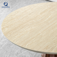 Ensemble de table à manger ronde en pierre frittée avec piétement en fer grain de noyer sabloné pour 6 à 8 personnes, idéal pour villa, restaurant, usine