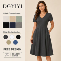 Robe Midi en Coton Col V Manches Courtes Coupe Évasée pour Femme Gris Anthracite Décontractée Raffinée Personnalisable avec Logo OEM Vente en Gros