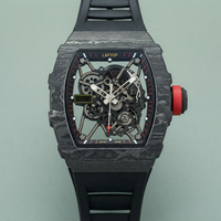 Montre mécanique automatique de luxe pour homme 3501 haut de gamme, boîtier tonneau tout noir en fibre de carbone, cadran squelette, aiguilles en caoutchouc, tourbillon