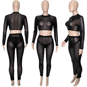 Ensemble sexy en maille transparente avec strass pour femmes, tenue de soirée, ensemble coordonné, haut court et <span class=keywords><strong>leggings</strong></span> assortis, tenues d'anniversaire - Product Image 5