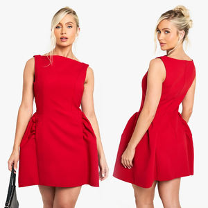 Femmes élégant été Mini robe cou une épaule conception flatteur martelé <span class=keywords><strong>sans</strong></span> manches plissé côté détail modeste solide - Product Image 6