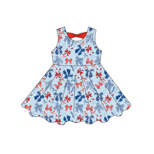 Custom ODM Boutique Children 4th July Floral Print Summer Sleeveless Girls <b>A</b>-<b>Line</b> Cotton Blend <b>Dress</b> Bow Design Breathable - Product Image 3
