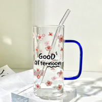 400ml Hitzebeständige Bleifreie Borosilikatglas Quadratische Tasse mit Buntem Griff, Deckel, Strohhalm und Blumenmuster, Spülmaschinenfest, für Zuhause