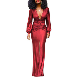 Abito Midi Metallizzato a <span class=keywords><strong>Maniche</strong></span> <span class=keywords><strong>Lunghe</strong></span> da Donna - <span class=keywords><strong>Vestito</strong></span> Aderente con Scollo a V Profondo e Arricciature per Feste Sehe Fashion - Product Image 2