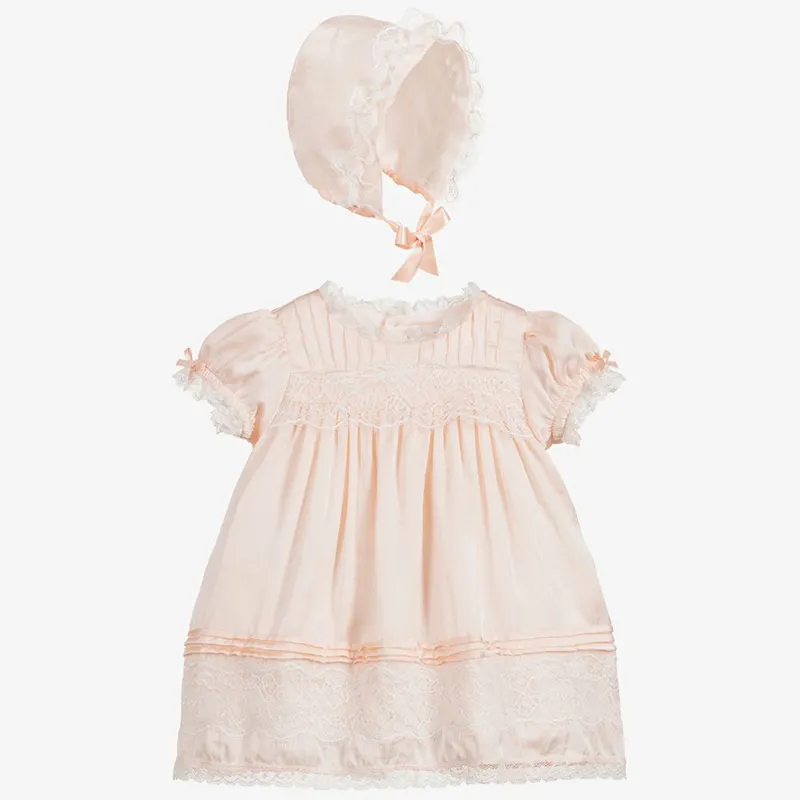 High Quality Pretty Summer Baby Dresses Puff Sleeve Lace Trim Princess Dress Solid Color Cute Baby Dress