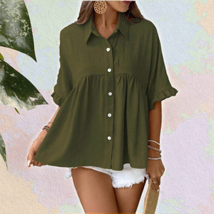 Chemise boutonnée en lin vert olive pour femme, manches courtes, col rabattu, coupe ample, haut décontracté, couleur unie, printemps-été - Product Image 2