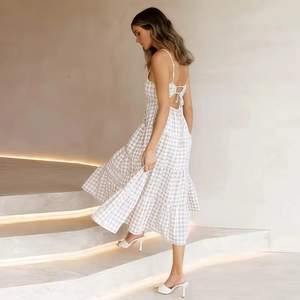 Custom Checked Pleated Chiffon Tiered beach <b>dress</b> Cross Back Ruffle long <b>dresses</b> women Summer <b>Plaid</b> elegant casual <b>dresses</b> - Product Image 3