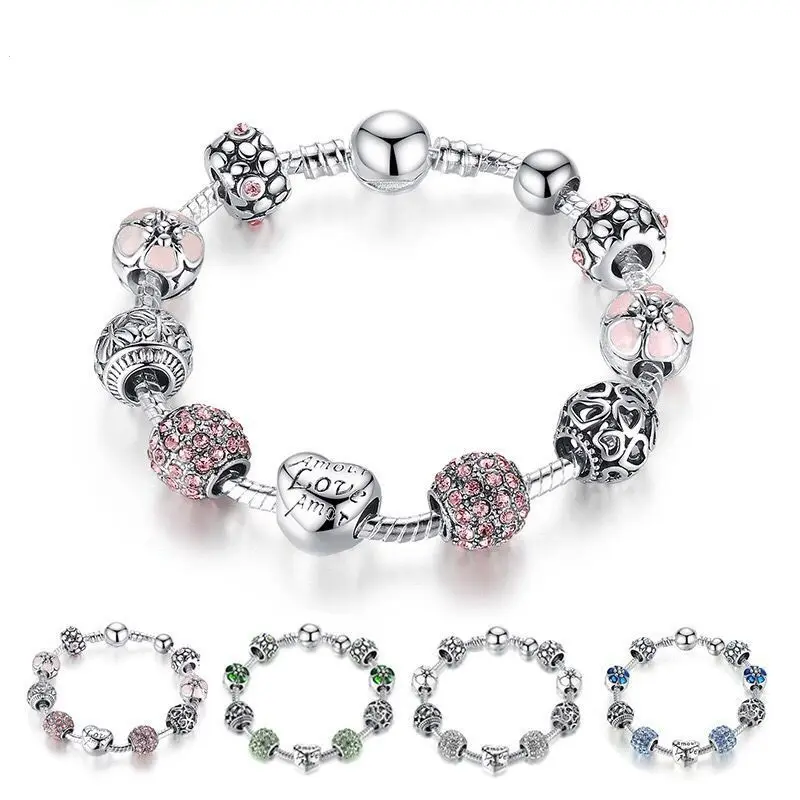 Antique Silver Charm Bracelet & Bangle with Love and Flower Beads Women Wedding Jewelry 4 Colors 18CM 20CM 21CM PA1455