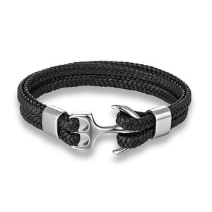 Bracelet unisexe en acier inoxydable avec ancre de <span class=keywords><strong>bateau</strong></span> tressée en cuir de vachette noir et détails en corde de cuir, bijou tendance électroplaqué - Product Image 4