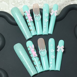 Uñas postizas de acrílico de lujo hechas a mano a precio de fábrica, estilo Y2K con diamantes de imitación, forma ataúd, cobertura completa 3D, puntas francesas, reutilizables. - Product Image 1