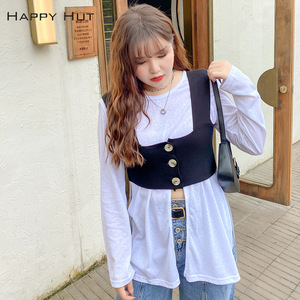 Camisa Blanca para Mujer Happy Hut con Chaleco Negro de Punto, Cuello Cuadrado, Corte Holgado, Tela Oxford, Talla Grande - Product Image 3