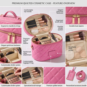 Sac de toilette en cuir matelassé LZ Factory, trousse de maquillage, pochette de voyage cosmétique, organiseur pour femmes, étiquette de bagage détachable, boîte rose - Product Image 3