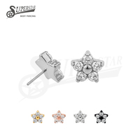 SUPERSTAR ASTM F136 Titane sans filetage, fixation à poussoir, avec cristaux de zircone ronds sertis à griffes, motif fleur, pour piercing hélix, oreille et lèvre