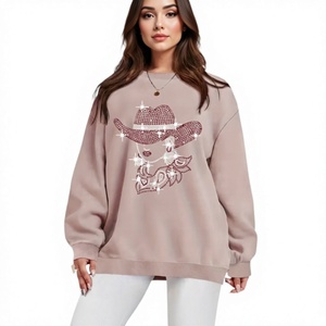 Sweat-shirt d'hiver doux et ample à col rond pour femme, avec imprimé de personnage de dessin animé et chapeau de cowboy à sequins, à épaules tombantes et manches longues, en tricot - Product Image 1