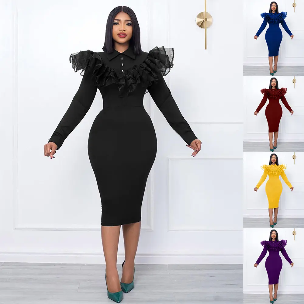 Latest Design Solid Shirt Neck Patchwork Ruffled Pencil Career Dress Ladies Office African Dresses