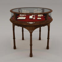 Vitrine à bijoux ronde vintage en bois, table de présentation circulaire en verre avec revêtement en velours rouge pour boutiques de luxe