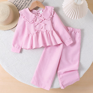 Trajes para Niñas, Ropa Infantil, Nuevo Estilo Coreano de Otoño, Blusa de Manga Larga con Cuello de Muñeca, Pantalones a Rayas - Product Image 1